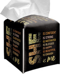 Grace Yonks Cute Tissue Box Cover Square - “SHE Is Me” Empowering Quote in Glitter Gold on Black Design 5.2" PU Leather Holder for Vanity, Desk, or Bathroom Counter - Cube Case for Facial Tissues(022)