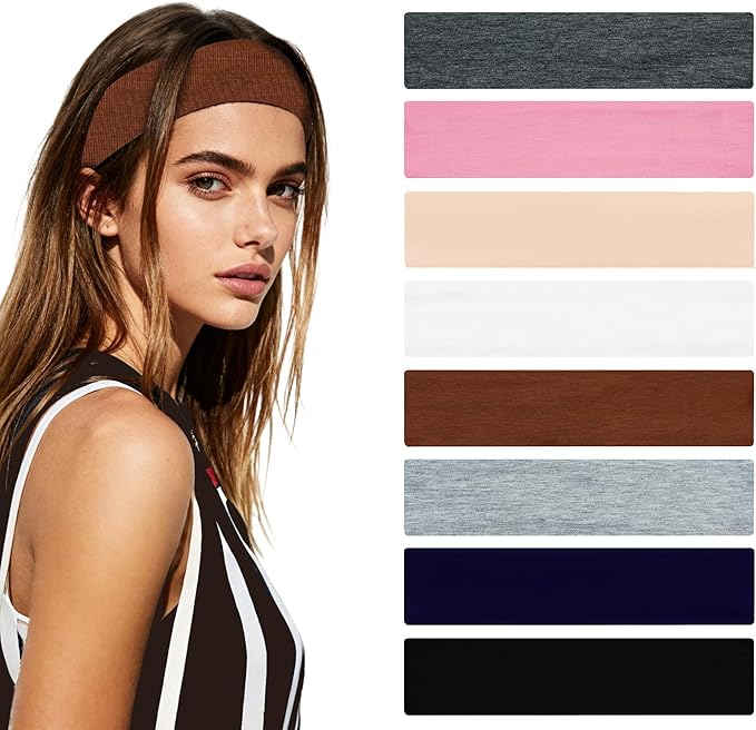 Headbands for Women Non-Slip Workout Hair Bands, 6 Pack Stretchy Athletic Soft Sweatbands, Elastic Cloth Fabric Headband, Fashion Head Bands for Yoga Running Sports Gym Sports Exercise