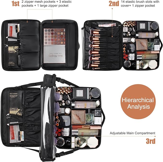 Relavel Makeup Case Extra Large Makeup Bag for Women Travel Makeup Artist Box Nail Polish Cosmetic Brush Storage Organizer with Adjustable Plastic Dividers Black