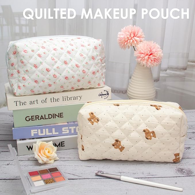 PAZIMIIK Vintage Quilted Makeup Bag Cosmetic Pouch for Brushes Pencils and Travel Make Up Accessories for Women and Girls Bear Beige