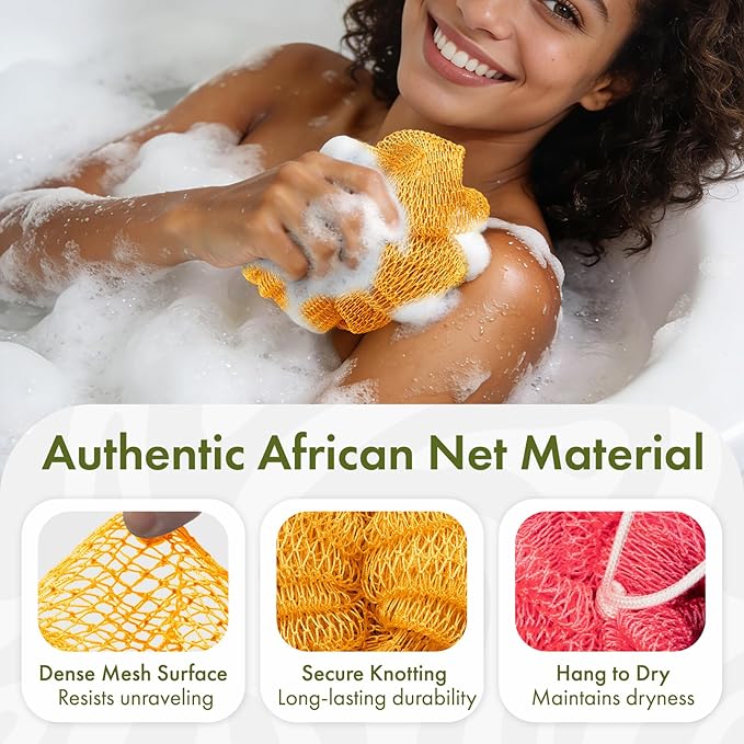 Loofah Bath Sponge, 2 Pack African Net Sponge Authentic, Exfoliating Shower Loofah Body Scrubber for Men and Women, Mesh Shower Pouf Balls for Body Wash