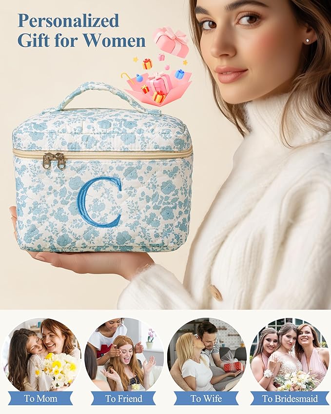 HBselect Initial Quilted Makeup Bag, Cotton Large Travel Make up Bag, Cute Floral Coquette Cosmetic Bag Toiletry Bag for Women Girls C