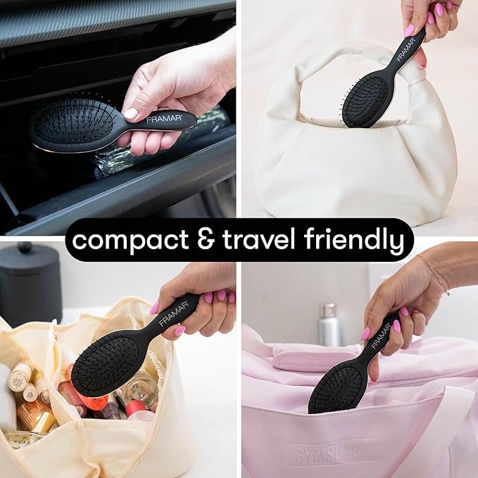 FRAMAR Mini Hair Brush Detangler – Mini Brush For Hair, Small Travel Hair Brush For Women, Travel Hairbrush Detangler, Compact For Travel, Reduces Breakage, For All Hair Types – Matte Black
