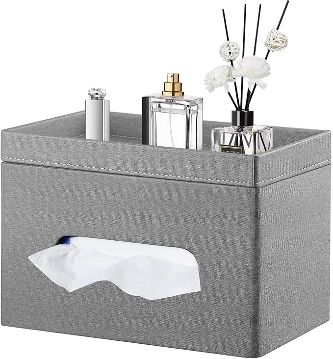 PU Leather Tissue Box Cover Rectangle with Detachable Storage Tray, Fits 230-Count Box Tall Rectangular, Modern Decorative Tissue Box Holder/Organizer for Bathroom, Bedroom Dresser, Night Stand