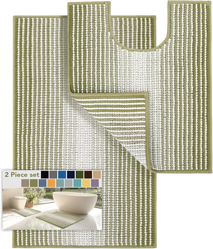 Bathroom Rugs Sets 2 Piece, Toilet Rugs U-Shaped, Contour Bath Mat Rugs Set for Toilet Bathroom, Soft Absorbent Chenille Bath Carpet, Quickly Dry, Washable (Linden Green, 32" x 20" + 24" x 20")