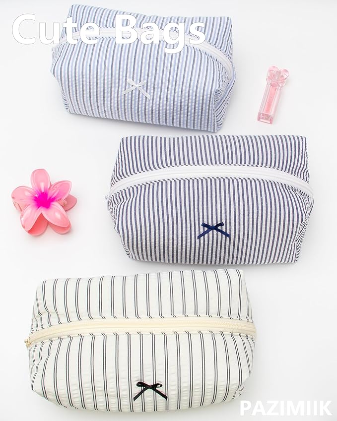 PAZIMIIK 2PCS Cozy Makeup Bag Small Aesthetic Travel Zipper Cosmetic Pouch for Women Make Up Beauty Accessories Brushes, Stripe Navy Blue