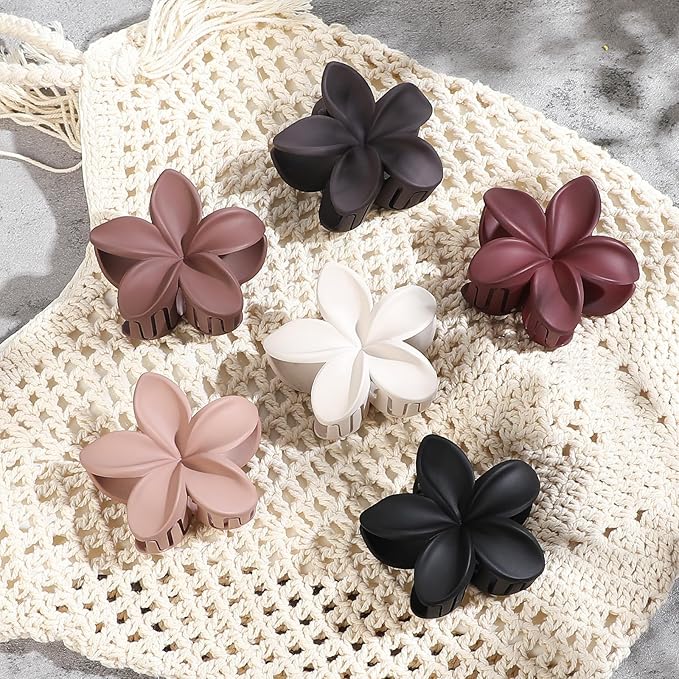 Flower Hair Clips 6 PCS Hawaiian Claw Clips for Vacation Hibiscus Hair Claw Cute Large Hair Clips for Thick and Thin Hair Plumeria Hair Accessories for Women Girls -Brown Scarlet