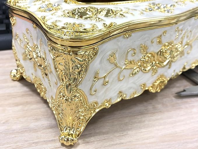 9.45"x5.43"x3.94" Luxurious Rose Tissue Box with Imitation Diamonds, Embossed Flowers, Elegant Tissue Paper Holders for Home Toilet Bath Hotel,Gold-White