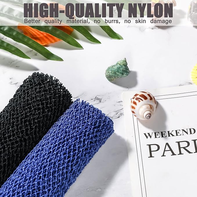 African Net Sponge, 2 Pieces Exfoliating Premium Nylon Bathing/Wash Net for Daily Back Body Scrub Scrubber Shower Net (Black, Blue) …