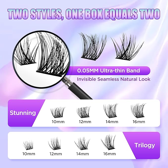 Lash Extension Kit DIY Lash Clusters Kit Eyelash Extensions Individual Lashes Extensions with (Lash Bond,Tweezers,280Pcs,Stunning+Trilogy,10-16)