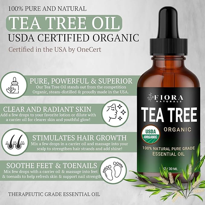 Tea Tree Oil – 100% Pure Organic Tea Tree Essential Oil for Skin, Face, Hair, Scalp, Nails, and Toenail – Therapeutic Grade Tree Tea Oil for Acne & Hair Growth – 1 fl oz - by Fiora Naturals