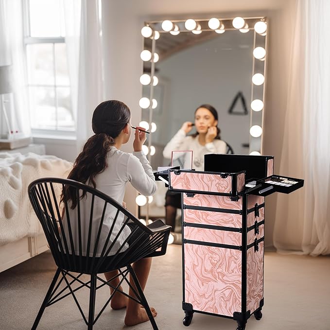 BYOOTIQUE Rolling Makeup Trollleyon Wheels 3-Piece Kit Lockable Cosmetology Organizer Cart Cosmetic Train Case Hairdressing Brush Bags for Nail Tech Beauty Salon Barbershop,CTB Pink