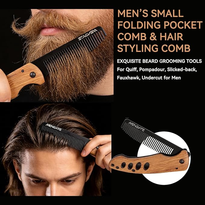 1PC Small Folding Pocket Beard & Mustache & Hair Styling Comb for Men - Metal Tactical Grooming Tool with Wooden Handle for Travel & Home Use - Idea for Stocking Stuffers - Length 6.57inch - Black