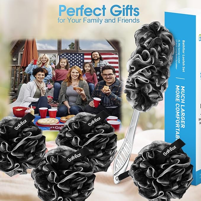 Loofah Sponge Exfoliating Body Scrubber: 4PCS Extra Large 80g Shower Loofahs Poufs, 1PCS Long Handle Loofa Back Scrubber, 1PCS Luffa Hook, Charcoal Loofah Pack for Women Men Bath Wash, Black