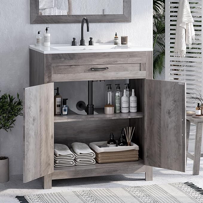 VINGLI 30" Farmhouse Bathroom Vanity with Sink, Undermount Vanity Sink Cabinet with Barn Door &Shelf,Free Standing Small Bathroom Storage Cabinet with 3 Holes Ceramic Basin Combo Set,Washed Gray