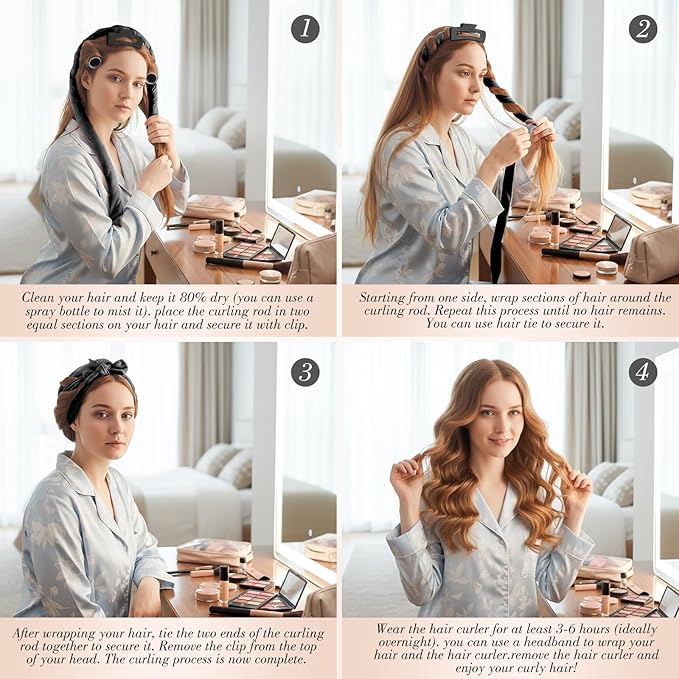Obeoby Heatless Curls Overnight Set, No Heat Hair Curlers To Sleep In, Hair Rollers with Scrunchies and Clips for Women Long & Short Hair, black