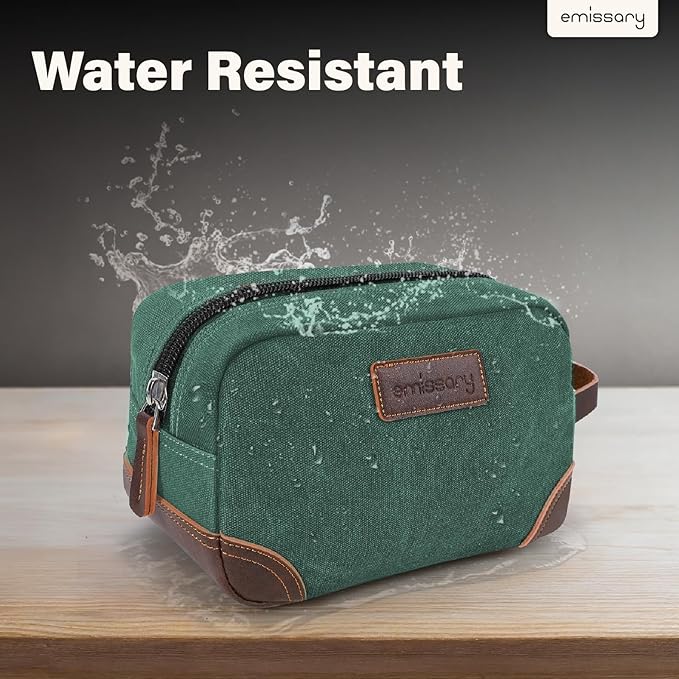 emissary Men's Toiletry Bag, Leather and Canvas Travel Toiletry Bag, Dopp Kit for Men, Travel Bathroom Bag Men's Shaving Kit, Travel Kit Small Bags for Men, Shaving Bag for Travel Accessories (Green)
