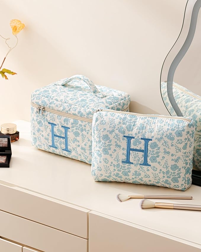 HBselect 2Pcs Initial Makeup Bag, Quilted Makeup Bag, Cotton Large Travel Makeup Bag, Cute Floral Coquette Make up Bag Cosmetic Bag Toiletry Bag for Women Girls H