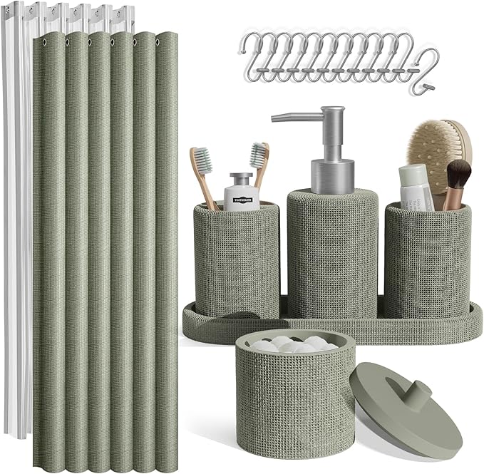 Clara Clark Sage Green Bathroom Set - Bathroom Accessories Set, 19PC Bathroom Accessory Set, Bathroom Sets with Shower Curtain Set, Soap Dispenser & Toothbrush Holder