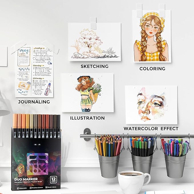 Skin Tone Duo Tip Marker Pens, 12 Pack Fine & Brush Markers for Adult Coloring Books No Bleeding, Watercolor Skin Tone Markers for Hair and Portrait Sketch Drawing Lettering Writing Calligraphy