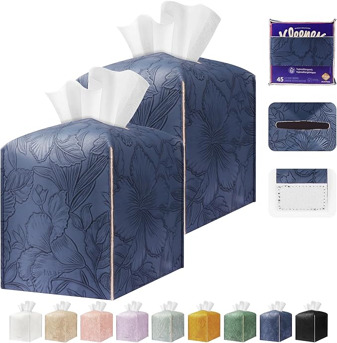 Tissue Box Holder Cover Square Tissue Cube Cover PU Leather Tissue Organizer with Bottom Belt for Bathroom, Tabletop, Kitchen, Night Stands, Office, Home, Car (2, Oceanblue)