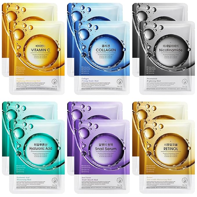 12 Pack Sheet Face Masks Skincare, Collagen Face Mask Hyaluronic Acid Hydrating Face Sheet Masks, Vitamin C Face Masks for All Skin Types, Moisturizing, Brightening, Anti-Aging, Easter Gifts for Women