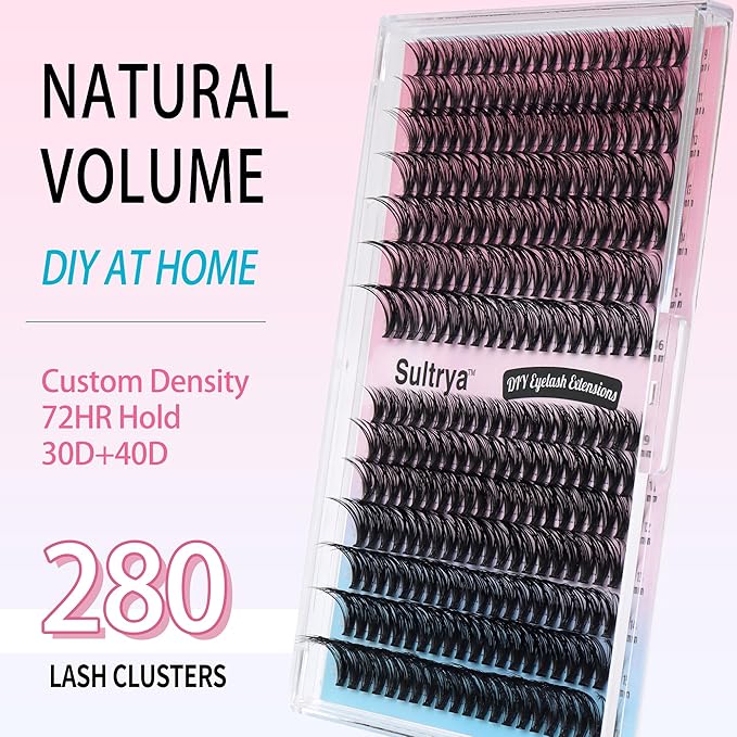 DIY Lash Extensions 30D+40D Natural Volume False Eyelashes Soft Black Imported Lashes Lightweight Individual Cluster Lashes for Everyday Wear at Home Application (280 pcs, 9-16mm, 30D+40D)