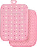 Slohif Silcone Heart Pot Holders for Kitchen - 100% Cotton Pink Cute Oven Potholders with Pockets, Heat Resistant Square Thick Hot Pads, House New Home Baking Baker Gifts,2pack