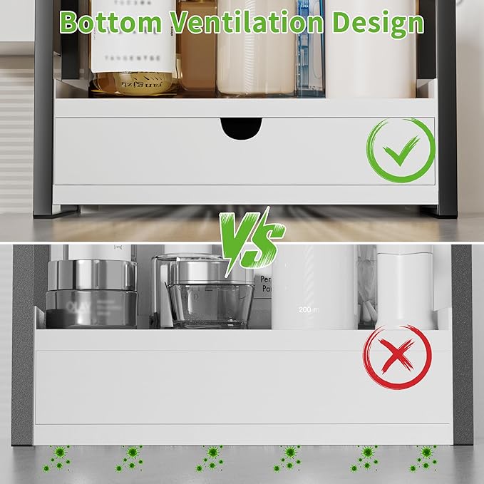 Kottwca Bathroom Counter Organizer with Drawer, 2-Tier Wood Countertop Organizer for Storage, Vanity Skincare Organizers, Bathroom Sink Shelf for Organization(White)