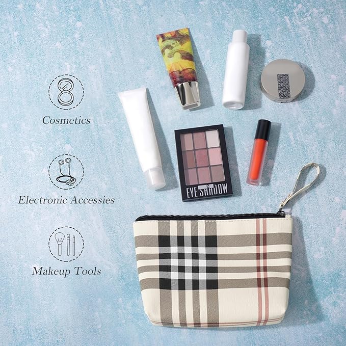 MAANGE Small Makeup Bag for Purse Cosmetic Bags for Women Pu Leather Makeup Pouch Travel Makeup Bag with Handle Make Up Bag for Travelling(Khaki)