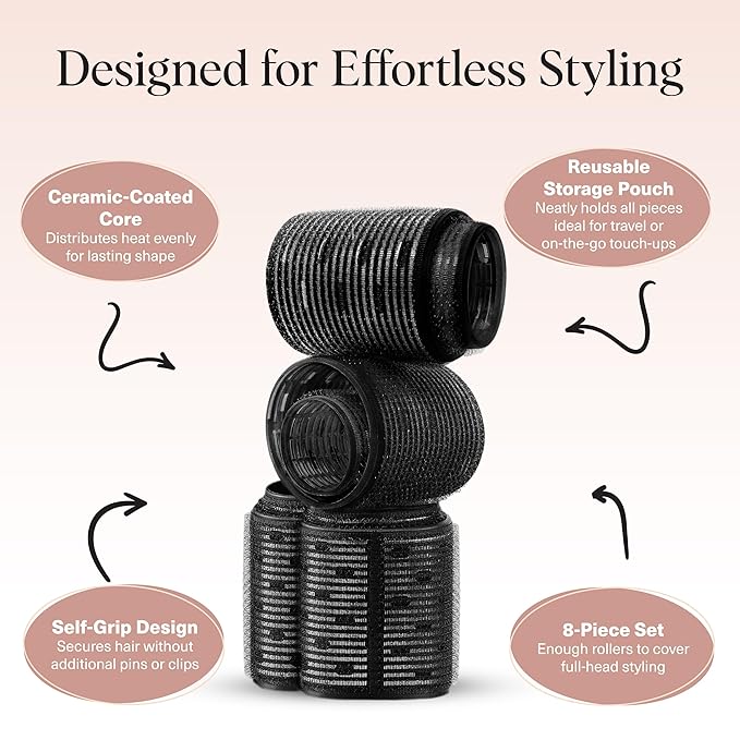 Kitsch Ceramic Thermal Hair Rollers for Women – Self Grip Hair Curlers for Heatless Curls Overnight, Long Lasting Frizz-Free Curls Volumizing Large Rollers for All Hair Types - Black, 8pcs