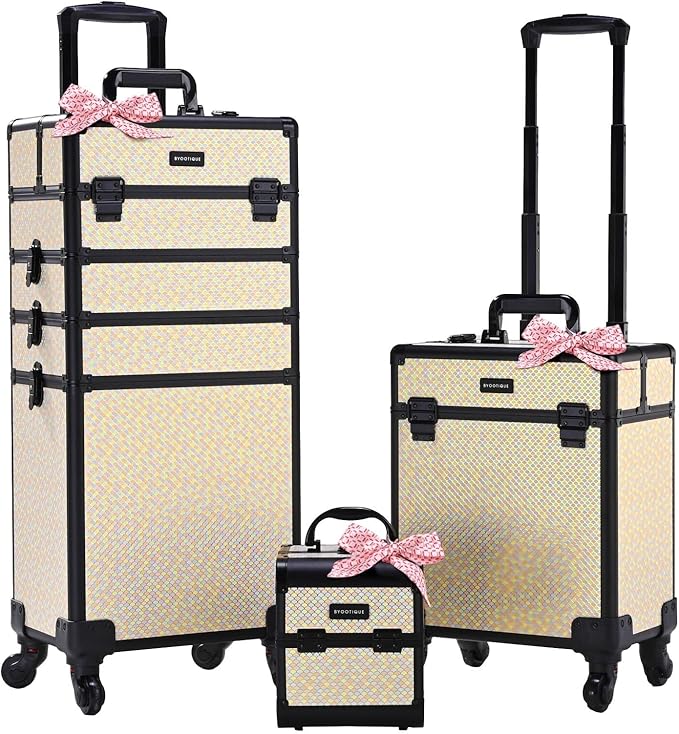 BYOOTIQUE Rolling Makeup Train Case on Wheels 3-Piece Hairdressing Brush Bags Cosmetology Art Deco Pastel