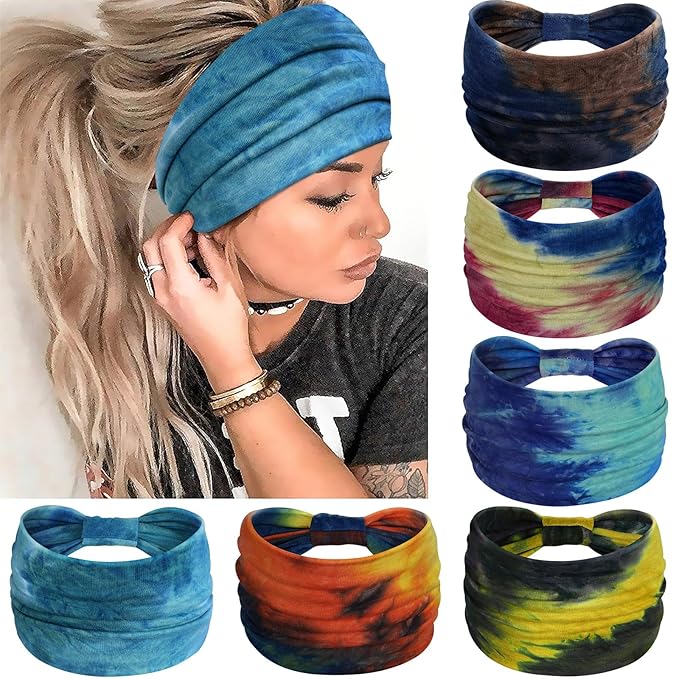 Wide Headbands for Women Knotted No Slip Head Bands Soft Turban Headband Hair Accessories Boho African Solid Color Head Wraps for Women Yoga Workout Pack of 6