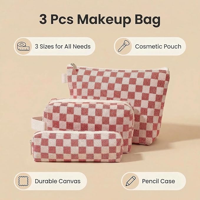 3 Pcs Canvas Makeup Bag Set Checkered Cosmetic Pouch for Women Travel Toiletry Bag Cute Makeup Organizer Purse Pouch Preppy Pencil Case with Zipper (Checkered Red)