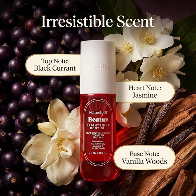 NATURE WELL Beamy Brightening Body Oil, Fast-Absorbing Formula Designed Hydrate, Smooth & Visible Brighten Skin, Scented with Black Currant, Jasmine, and Vanilla Woods, 3.4 Oz