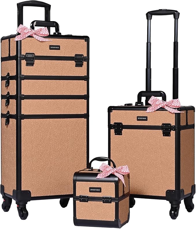 BYOOTIQUE Cosmetology Rolling Case 3-Piece Nail Tech Storage Cart Kit Makeup Torrley Travel Barber Suitcase False Eyelash Storage for Beauty Studio Nail Salon Manicurist,Rococo Coral