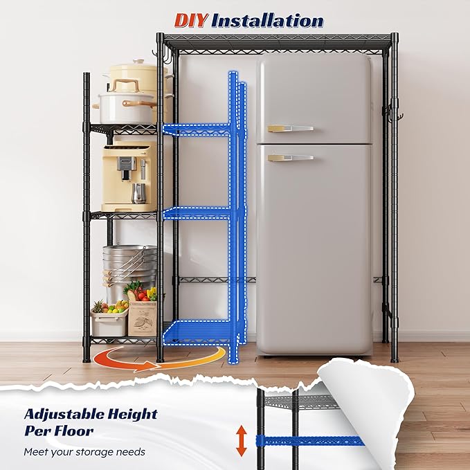 REIBII Mini Fridge Cabinet with Storage Shelves,4 Tier Space-Saving Dorm Room Mini Fridge Stand,Adjustable Utility Microwave Stand Storage Education Shelf for Dorm Kitchen,38.1Wx18.11Dx52.36H