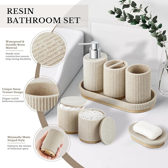 7PCS Bathroom Accessories Set, with Soap Dispenser, Q-tip Holder, Toothbrush Holder, Tumbler, Soap Dish, Vanity Tray, Bathroom Set Complete Organizer Countertop for Modern Decor, Beige