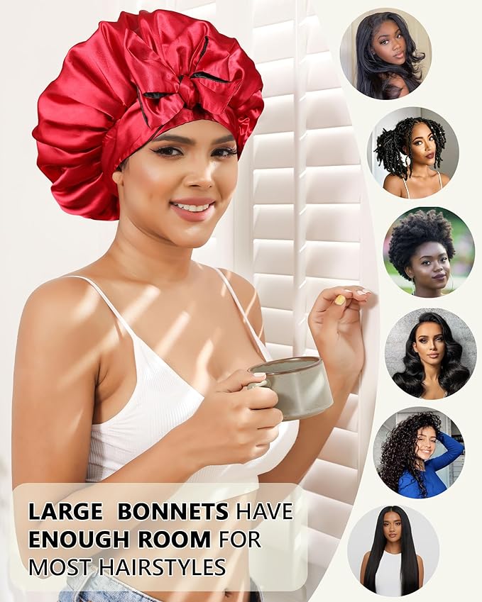 Satin Bonnet Silk Hair Bonnets for Women Curly Hair Wrap for Sleeping - Reversible With Tie Band Night Cap Double Layer for Curly Hair (Black + Red)