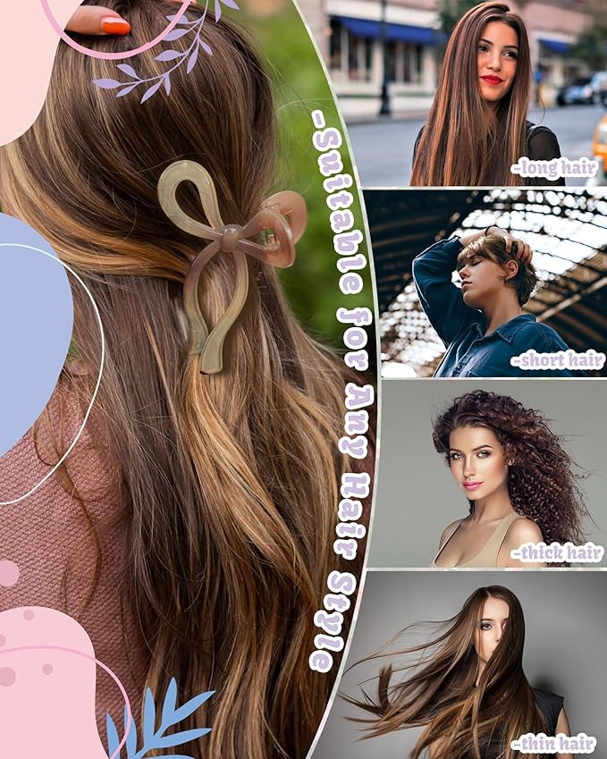 4 PCS Bow Hair Clips Bow Claw Clip for Women Nonslip Large Hair Claw Clips for Thin and Thick Hair Strong Hold Hair Bows (Black+Light Brown+Off-White+Dark Brown)