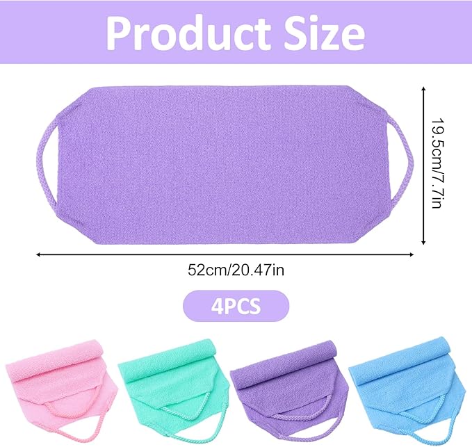 4PCS Exfoliating Back Scrubber with Handles, Nylon Double-Sided Exfoliator Extended Length Stretchable Body Exfoliating Washcloth Pull Strap Back Washer for Women Men