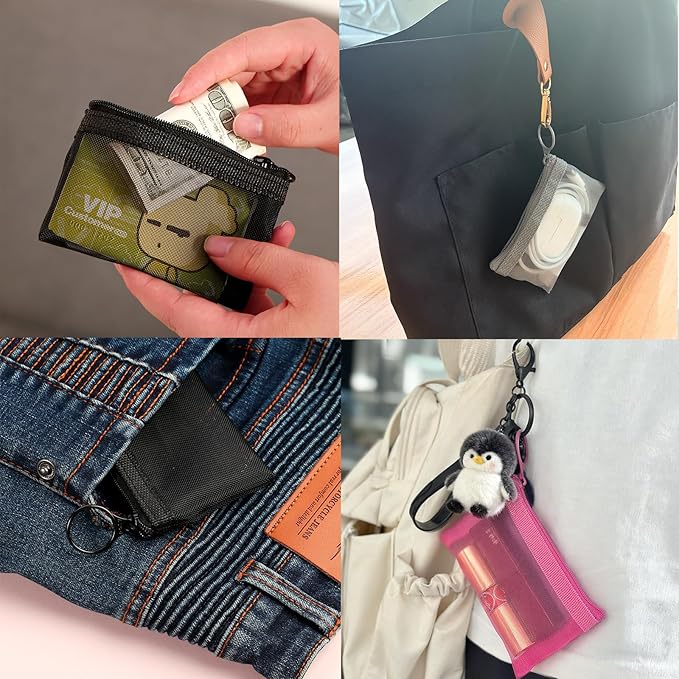 Patu Mini Zipper Mesh Bags, 3" x 4", Size XS / A8, 5 Pieces, Keychain Pouch Key Holder, Coin Purse, Clear Travel Kit Small Item Cosmetic Organizer, Assorted Colors
