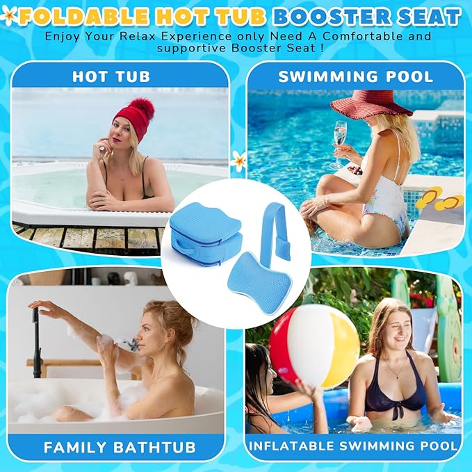 Yerliker 2 Pcs Foldable Hot Tub Booster Seat with Bath Pillow, Inflatable Adjustable Height Spa Cushion with Suction Cups, Weighted Marbles, Extra Thick Bathtub Seat with Back Support