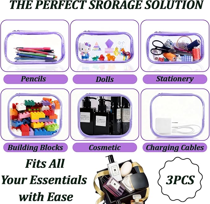 3 Pcs Clear Hard Zipper Case, Hard Shell Plastic Clear Organizer Bag, Transparent Makeup Pouches, Portable Box for Travel Toiletries Storage Bins (Purple)