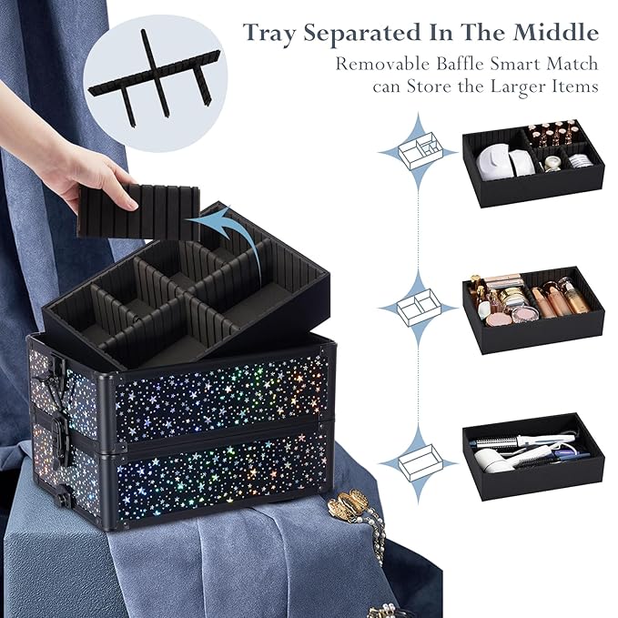 Stagiant Rolling Makeup Case Cosmetology Case on Wheels 4 in 1 Large Makeup Travel Case Nail Kits Organizer Train Case with Key Make Up Artist Salon Storage Traveling Cart Trunk Black Star