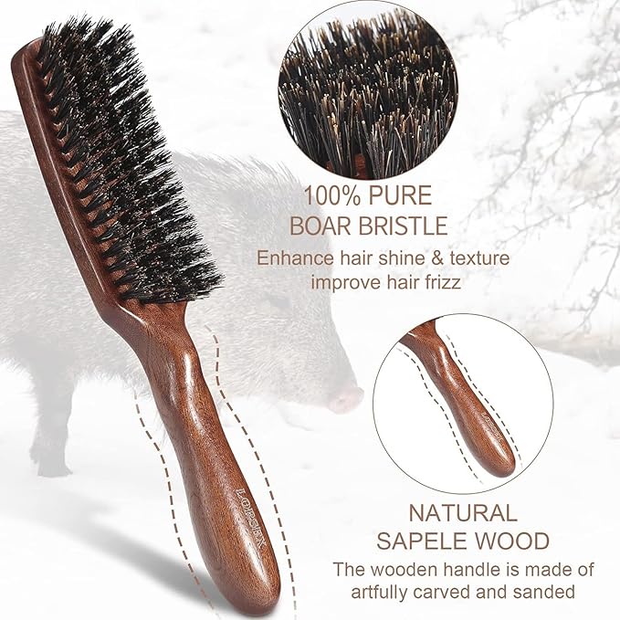 Hair brush for Men, Boar Bristles Slick Back Hair Brush for Fine Thin Medium Hair, Nature Boar Hairbrush for Beard Styling