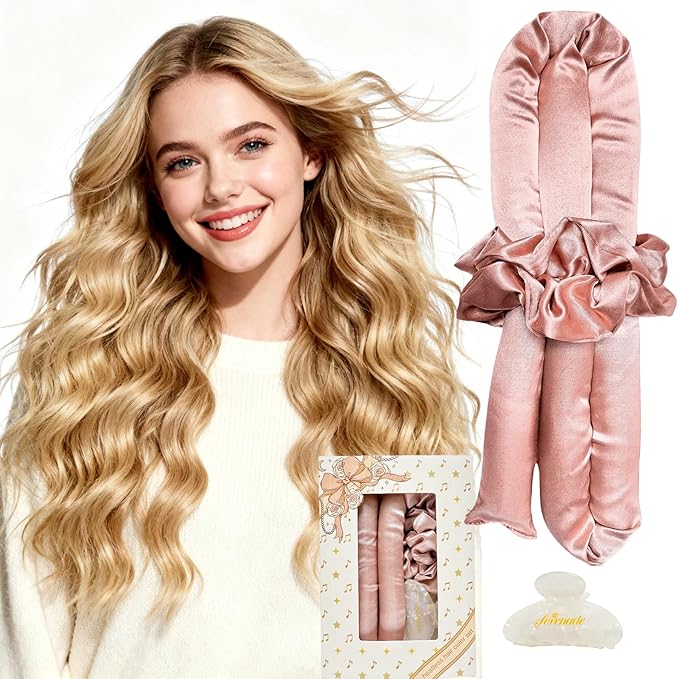 Serenade Satin Heatless Curls Overnight for Long Hair, Heatless Hair curler Set for Women and Girls, No Heat Curling Rods with Satin Scrunchies and Clip, Pink