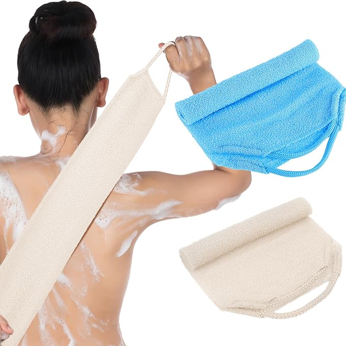 2pcs Exfoliating Back Scrubber, Nylon Shower Bath Exfoliator Extended Length Body Scrub Towel Stretchable Pull Korean Washcloth Strap with Handles