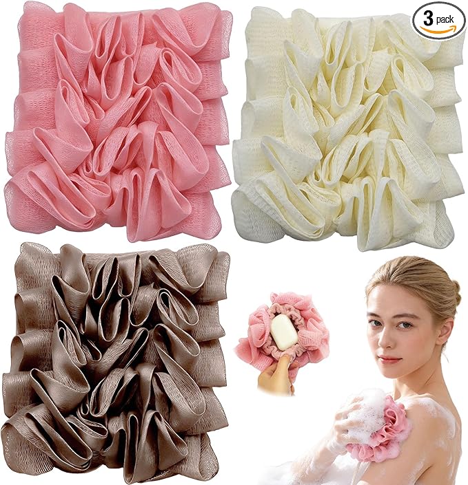 3-Pack Loofah Washcloth Combo 2-in-1, Exfoliating Soap Saver Pouch with Bar Soap Pocket, Reusable Shower Sponge for Body Wash & Smooth Skin, Coffee Brown, Pink, White