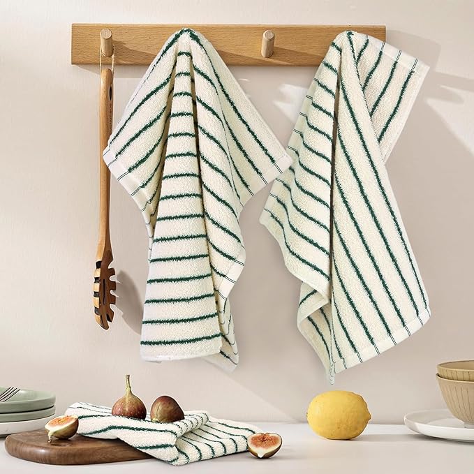 Jacquotha Striped Cotton Washcloths 4 Pack, 13” x 13” - Soft Wash Cloths for Bathroom, Kitchen, Gym, Face, Green and Cream